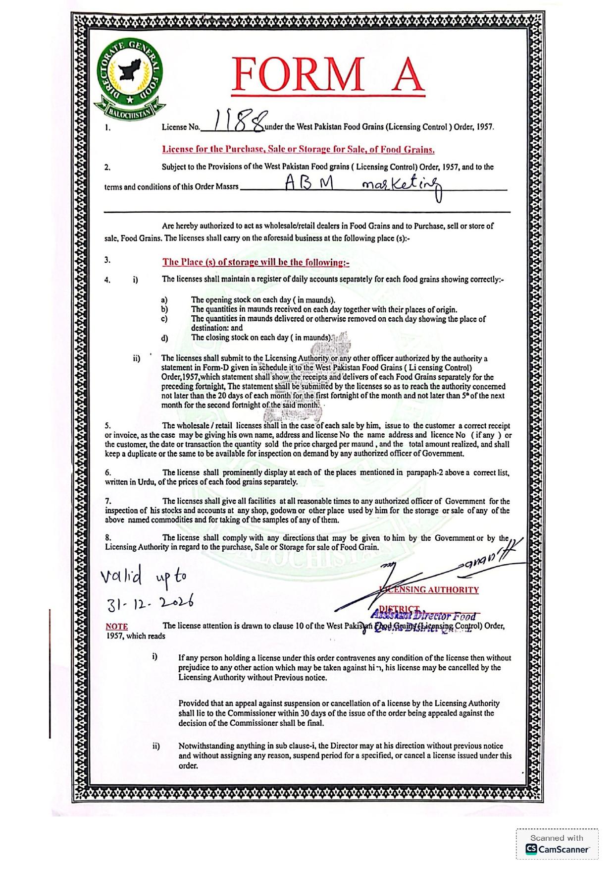 Food Department License certification